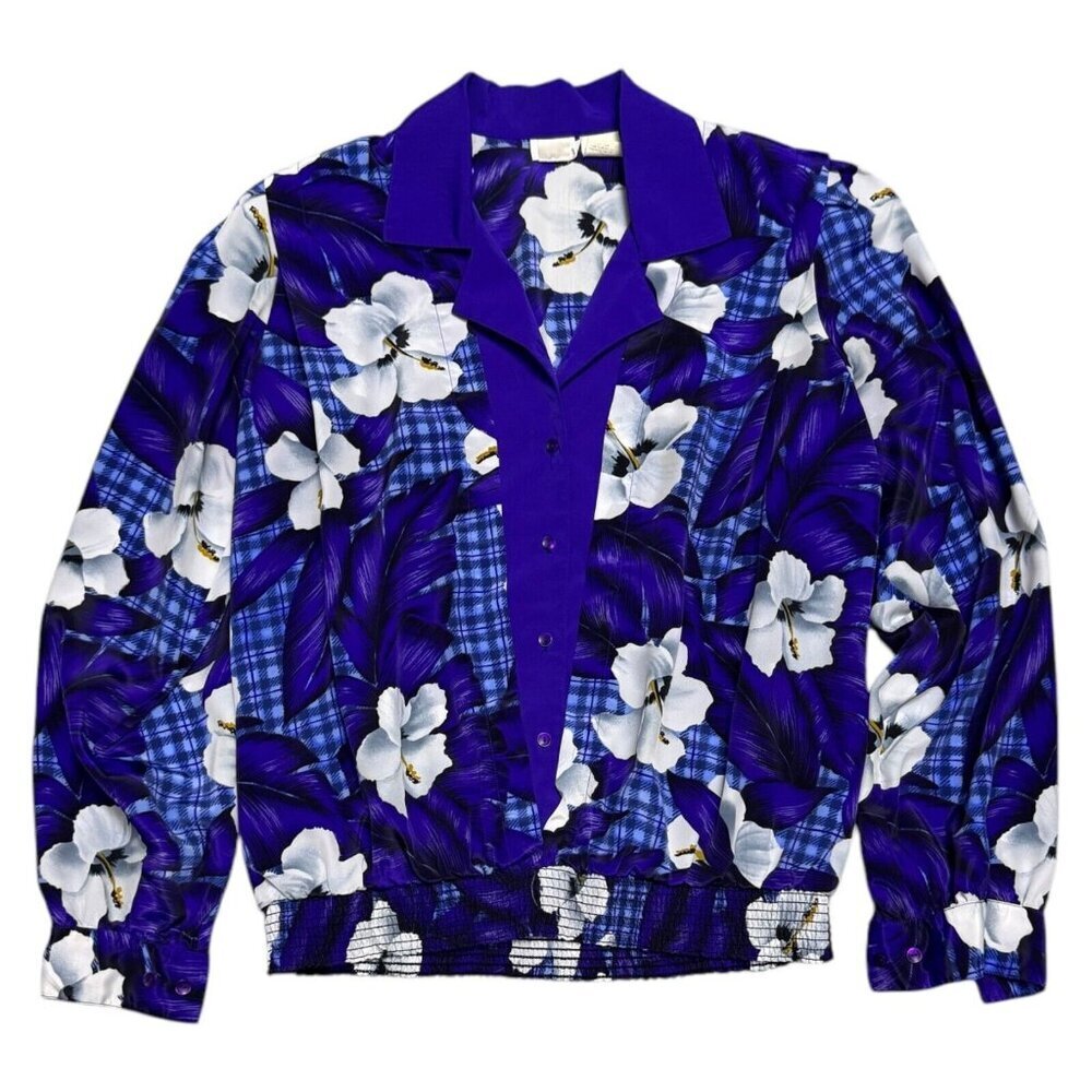ALIA VINTAGE 90s Floral Purple Lightweight Business Casual Blouse Shirt Medium